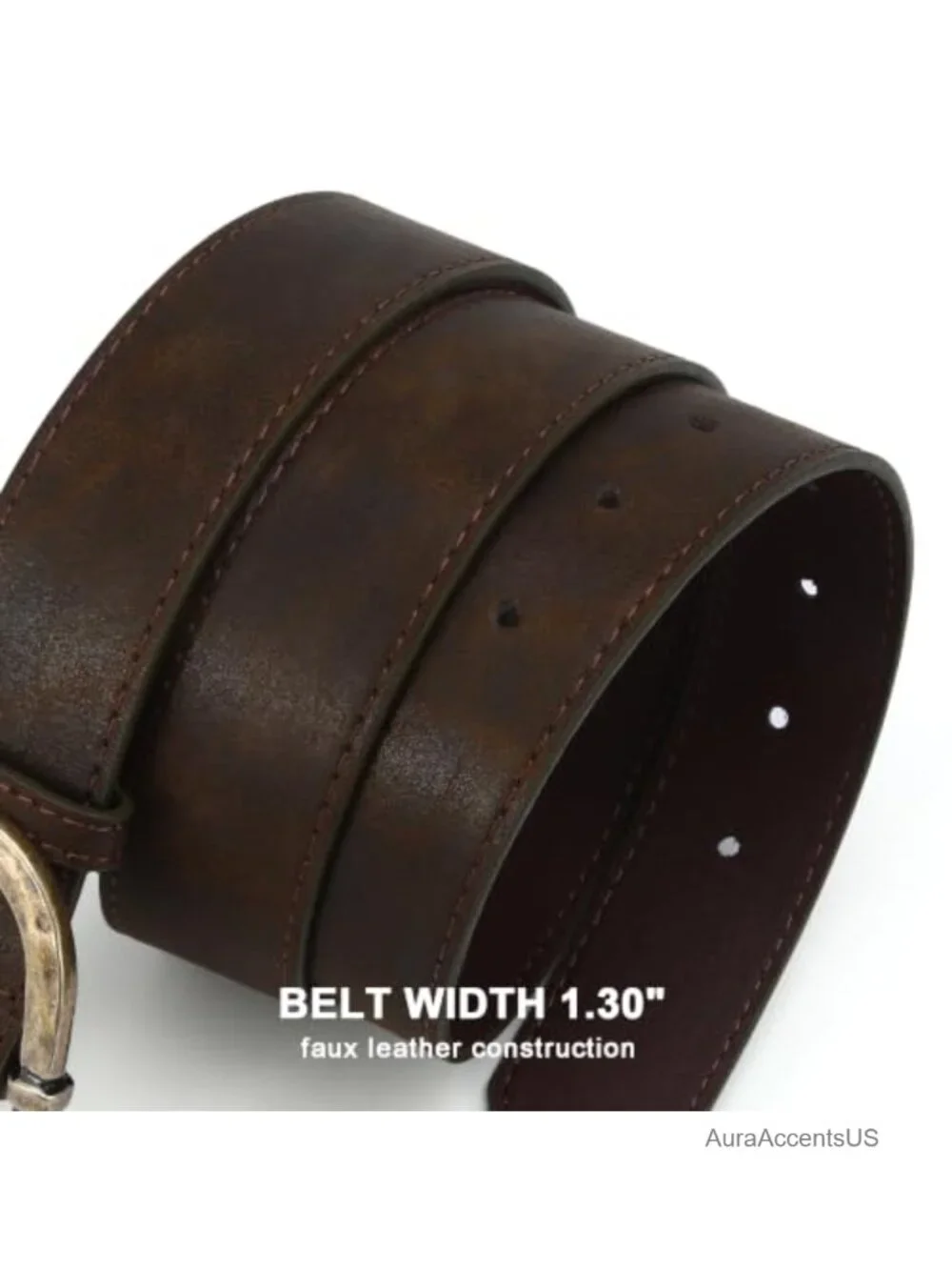 Faux Leather Western Belt 1.3 Inch Wide Vintage Gold-Tone Buckle